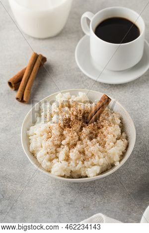 Scandinavian Rice Porridge In A Bowl With Cinnamon. Healthy Breakfast.