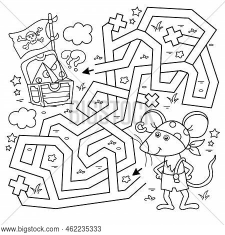 Maze Or Labyrinth Game. Puzzle. Tangled Road. Coloring Page Outline Of Cartoon Little Pirate Mouse W
