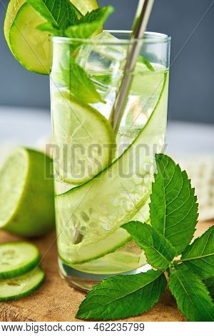 Cucumber, Lime And Mint Lemonade. Refresment Summer Drink, Glass Of Detox Water For Dieting