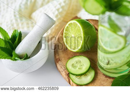 Cucumber, Lime And Mint Lemonade. Refresment Summer Drink, Glass Of Detox Water For Dieting
