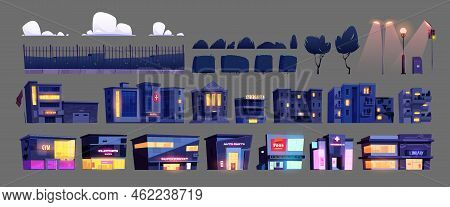Night City Elements, Street Constructor, Urban Architecture Design Objects Isolated Set. Cartoon Hou