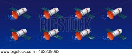 Communication Satellite With Antenna And Abstract Signal Waves. Telecommunication Or Gps System Stat