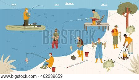 Fishermen With Rods On River Shore, Wooden Pier And Inflatable Rubber Boat. Summer Landscape Of Lake