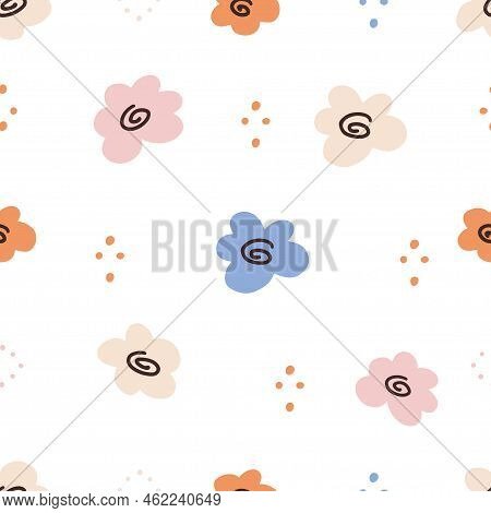 Floral Boho Seamless Pattern With Colorful Daisies And Polka Dots On White Background In Doodle Styl