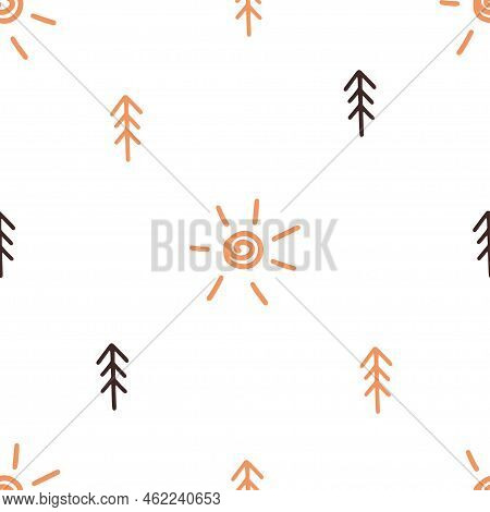 Boho Seamless Pattern With Sun And Trees On White Background In Doodle Style. Cute Minimalist Forest