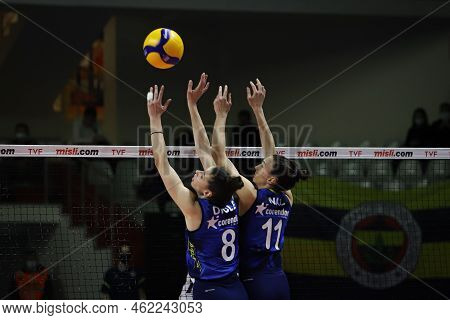 Istanbul, Turkey - February 20, 2022: Dicle Nur Babat And Naz Aydemir Akyol In Action During Fenerba
