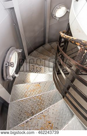 Rozewie, Poland, May 12, 2022: Metal Spiral Staircase In Rozewie Lighthouse On The Baltic Sea In Pol