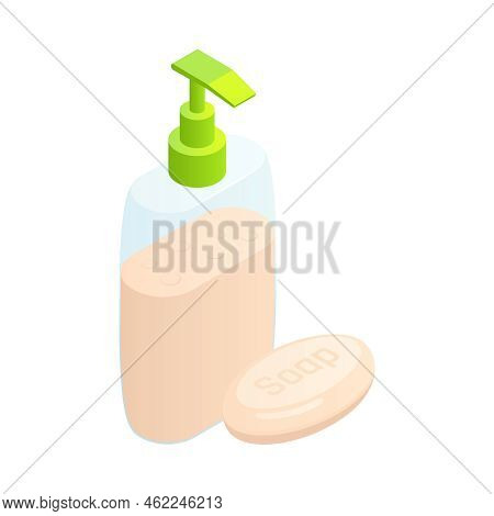 Isometric Bar And Bottle Of Liquid Soap On White Background 3d Vector Illustration