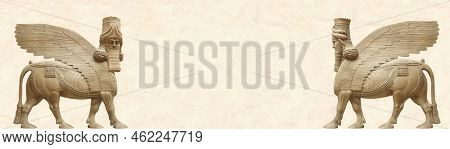 Grunge background with stone texture and two lamassu - human-headed winged bull. Horizontal banner with assyrian protective deity. Copy space for text. Mock up template