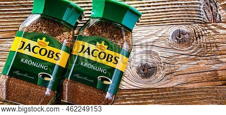 Poznan, Pol - Jul 14, 2022: Containers Of Jacobs Instant Coffee, A Brand Of Coffee Marketed In Europ
