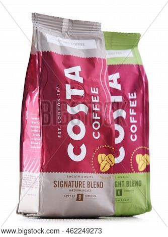 Poznan, Poland - Jul 14, 2022: Packages Of Costa Coffee, A Brand Of British Multinational Coffeehous