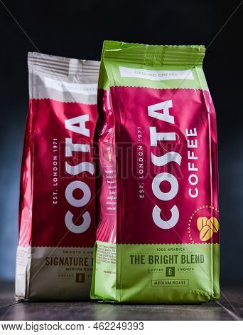 Poznan, Poland - Jul 14, 2022: Packages Of Costa Coffee, A Brand Of British Multinational Coffeehous
