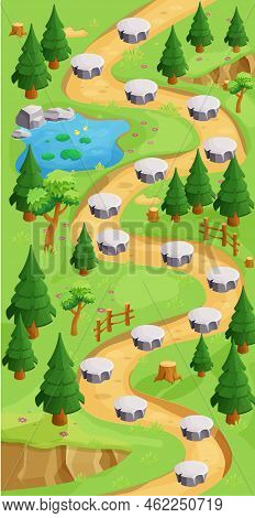 Game Map Forest Gui Background, Template In Cartoon Style, Casual Isometric View. Decorated With Sto