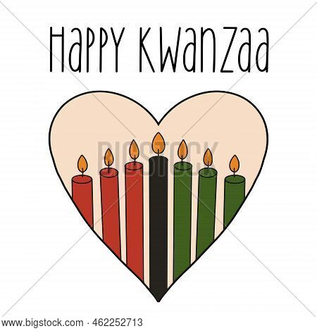 Happy Kwanzaa Cute Greeting Card With Seven Candles In Heart Shape. Vector Green, Red, Black Burning