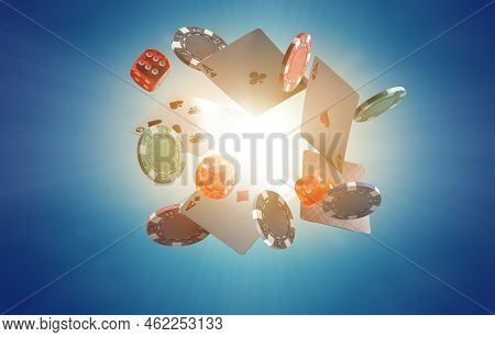 Casino Chips With Dice And Playing Cards. Concept Of Gambling Or Poker And Entertainment. Online Cas