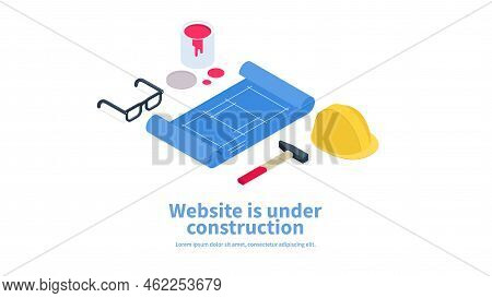 Vector Page Concept Of Site Under Construction With Isometric Illustration Of Building Tools, Bluepr