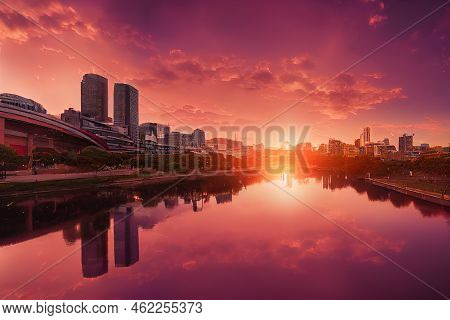 Anime Style, Capital Of South Australia Adelaide City Cbd At Sunrise Reflecting In Still Waters Of T