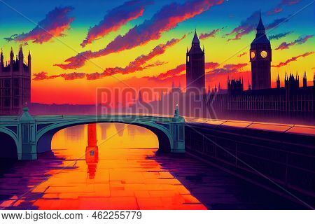 Anime Style, Beautiful Colors Of Big Ben From Westminster Bridge At Sunset London , Anime Style U1 1