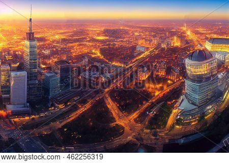 Anime Style, 7222022 Warsaw Poland Panoramic Aerial City View Of The Capital City Of Poland Skyscrap
