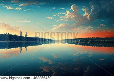 Anime Budapest Hungarian Parliamentwith Reflection In Danube River , Anime Style U1 1