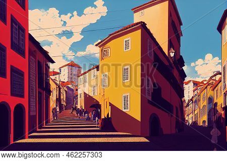 Anime Style, Porto Portugal October 18 2017 The Beautiful Scene Of Porto Downtown With Road And Pede