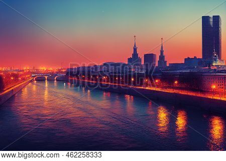 Anime Style, Moscow River Russia Capital Summer Cityscape Of Moscow Borodinsky Bridge View From Rive