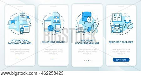 Prepare To Live Abroad Blue Onboarding Mobile App Screen. Immigration Walkthrough 4 Steps Editable G