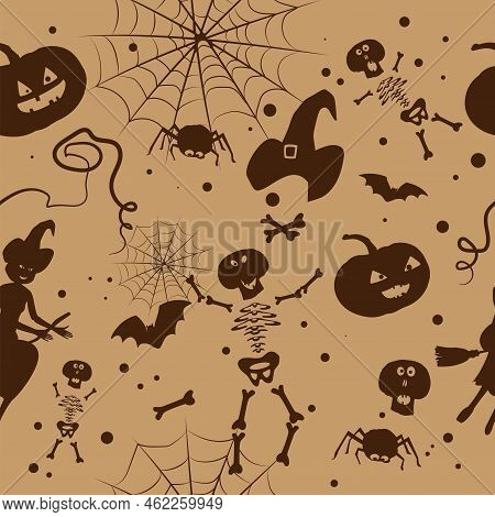 Feast Of All Saints, Drawings Of Skeleton And Jack Pumpkin, Witch And Bats.