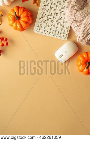 Autumn Office Workspace. Keyboard, Laptop, Notebok With Autumn Clothes And Fall Decorations - Pumpki