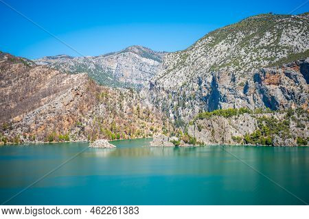 Mountain Lake. Emerald Water Reservoir Behind The Dam Oymapinar. Green Canyon In Manavgat Region, Tu