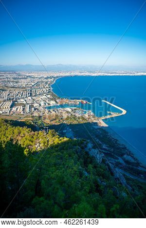 Aerial View Of Beautiful Blue Gulf And Konyaalti Beach In Popular Resort City Antalya, Turkey.