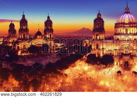 Anime Zocalo Square And Mexico City Cathedral Mexico City Mexico , Anime Style U1 1