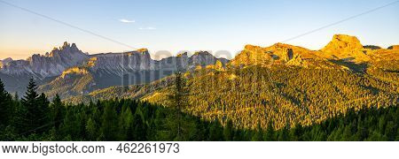Dolomites Panoramic View At Morning Sunrise Time. Croda Da Lago Ridge, Ra Gusela, Averau And Nuvolau