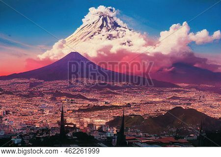 Anime Style, The Historic City Center Of Quito With The Panecillo Hill And The Virgin Of Quito On To