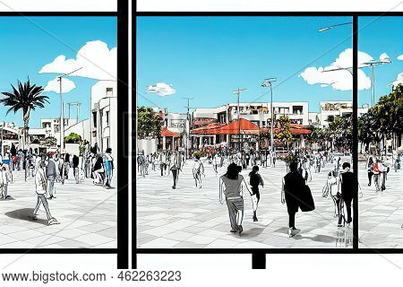 Cartoon Drawing Nicosia Cyprus March People Walking At The Liberty Square With The Modern And F Utur