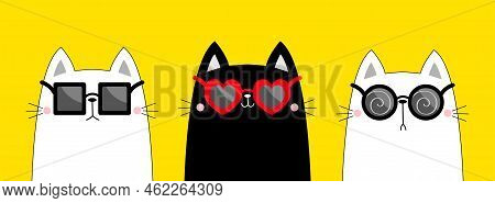 Cat Contour Outline Set Wearing Sunglass Eyeglasses. Round, Heart Square Shape Sunglasses. Black Len