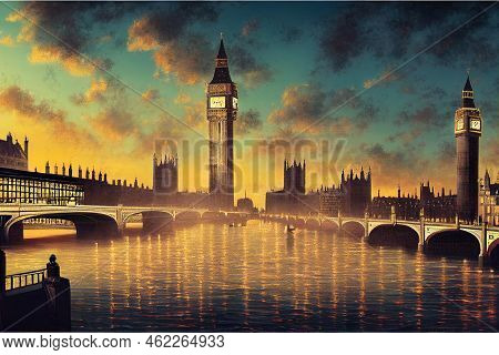 Big Ben And Westminster Bridge In London , Anime Style U1 1