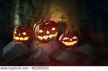 Halloween. Pumpkin Ghost 3d Illustration. Jack Pumpkinhead, All Saints Night. Glowing Pumpkins On Ba