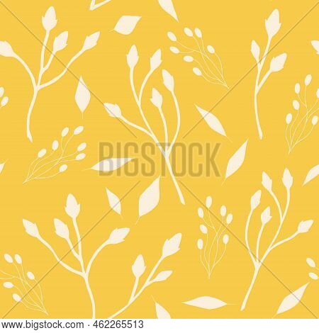 Beige Branches And Leaves On Yellow Background Seamless Pattern. Minimalistic Elegant Floral Pattern