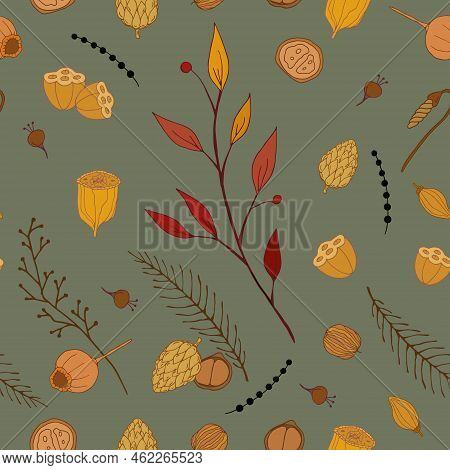 Autumn Berries Seamless Pattern On Pale Green Background. Hand Drawn Vector Illustration