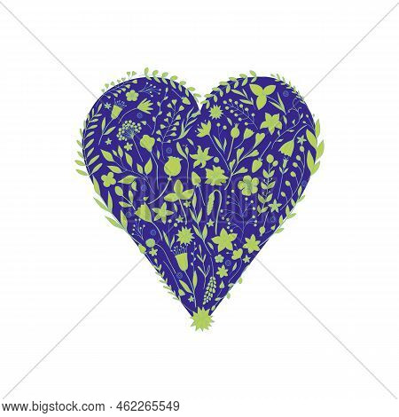 Hand drawn light green floral elements in blue heart shape. Botanical heart on white background. For desind and print