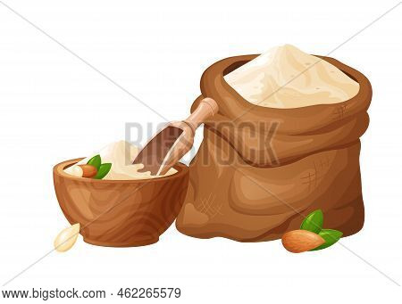 Almond Flour In Wooden Bowl With Seeds. Healthy Gluten Free Food. Powde In Organic Product. Vector I
