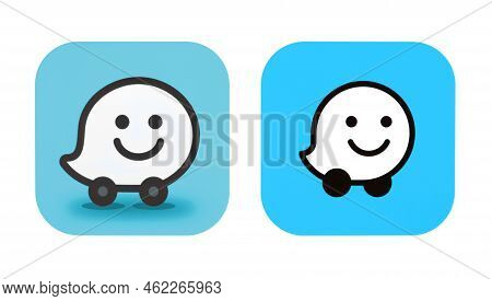 Kiev, Ukraine - August 28, 2022: New And Old Waze Mobile App Icons, Printed On Paper. Waze Is A Subs