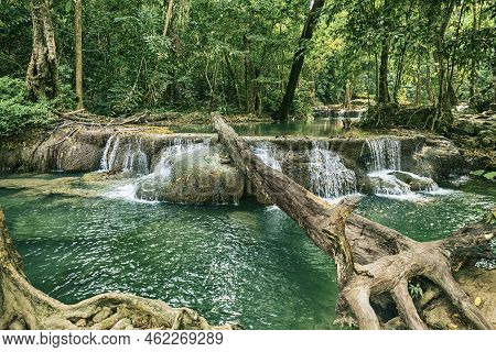 Forest And Waterfall At Ton Nga Chang Waterfall, Erawan, Songkhla, Thailand. Tourustic Attraction An