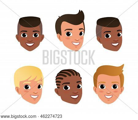 Boys Faces Set. Smiling Boys Characters Creation, Constructor For Animation Cartoon Vector Illustrat