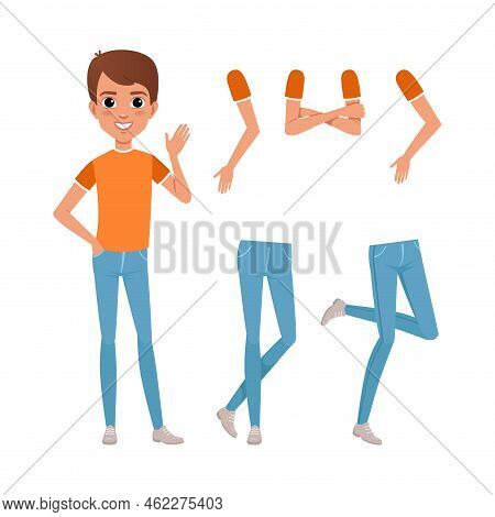 Full Length Portrait Of Cute Boy, Legs And Arms Set. Boy Character Creation, Constructor For Animati