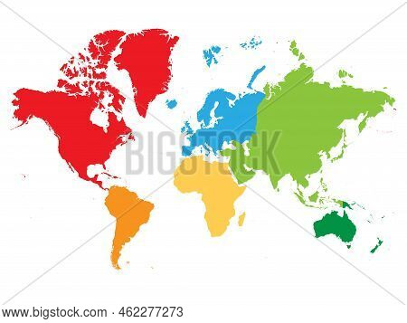 Map Of World Continents - North America, South America, Africa, Europe, Asia And Australia. Mercator