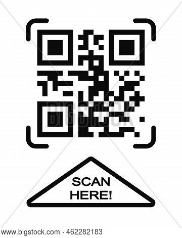 Scan Here Icon. Qr Code Template. Fake Example Of Quick Responce Matrix Barcode In Square Grid. Mobi