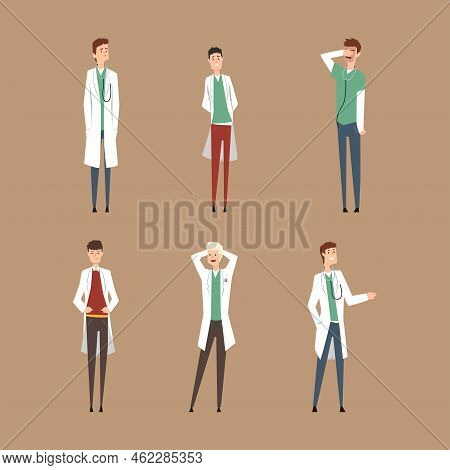 Set Of Male Doctors Or Practicing Interns. Medical Staff Vector Illustration