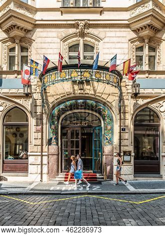 Prague - Czech Republic - 08 01 2020 Decorated Facade  And Entrance Door Of The Paris Hotel